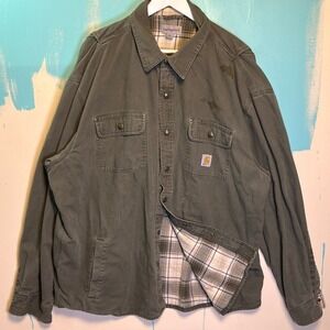 Carhartt Flannel Shirt Jacket 2XL Men's Cotton Lined Fall 2015 Green Work Stains